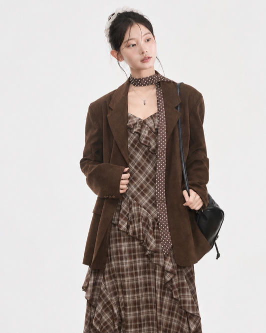 check brown mood one-piece & jacket SI1244