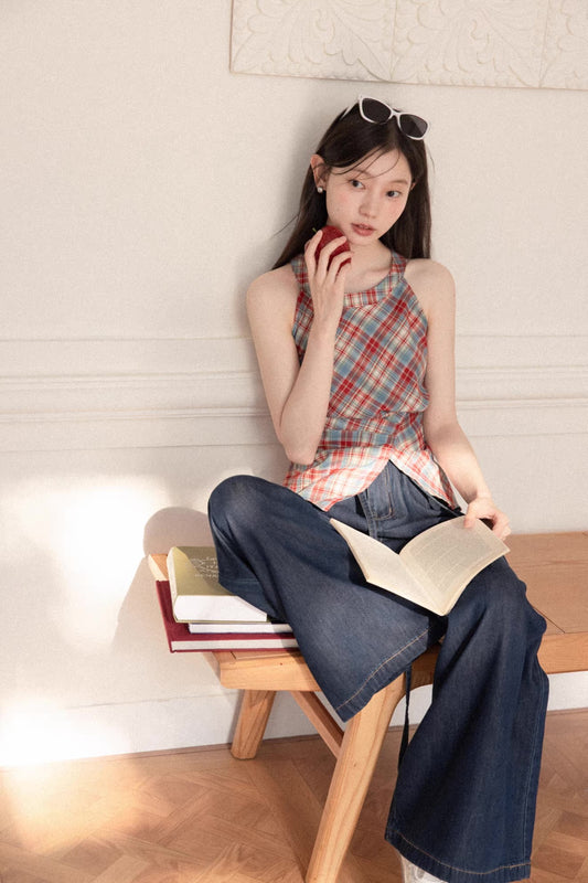 casual girly check tops SI1183