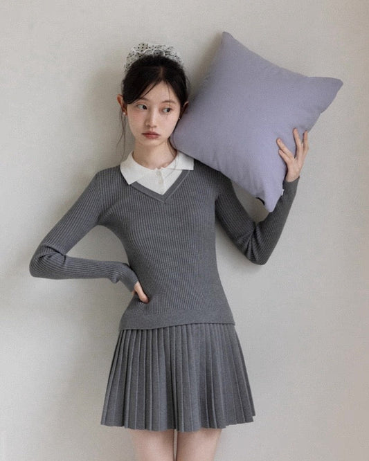 gray pleats casual skirt SI1071