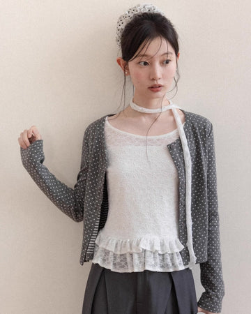 dot cardigan ＋lace tops set SI1078